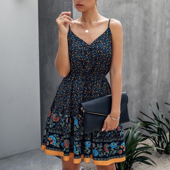 Boho Hippie Gypsy Floral Midi Dress - NAVY - Picture 3 of 8